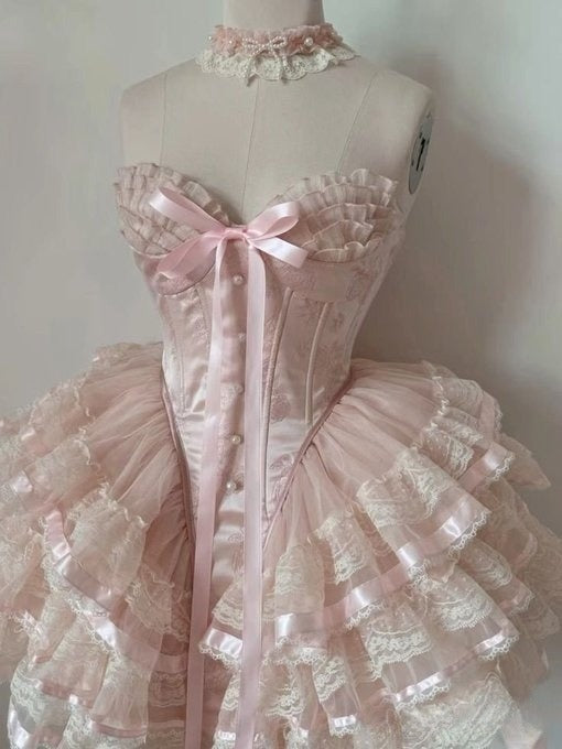 Princess Heart-shaped Collar Bow Herringbone Lace Edge Fluffy 17th Birthday Homecoming Dress