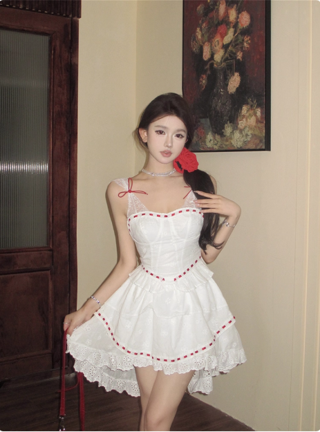 Princess Lace Stitching White Sling Waist Cake Birthday Skirt Homecoming Dress