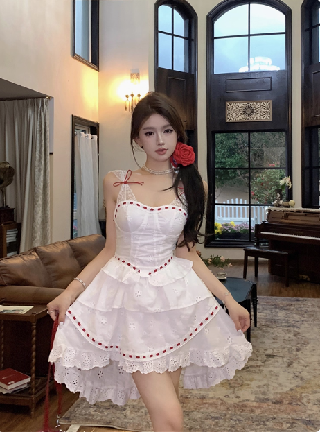 Princess Lace Stitching White Sling Waist Cake Birthday Skirt Homecoming Dress