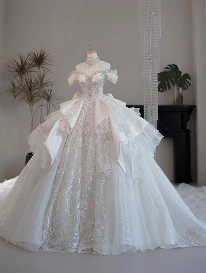 Princess Off-the-shoulder Ball Gown Long Wedding Dresses Lace Applique White Bridal Gowns Short Sleeve Bridal Dresses