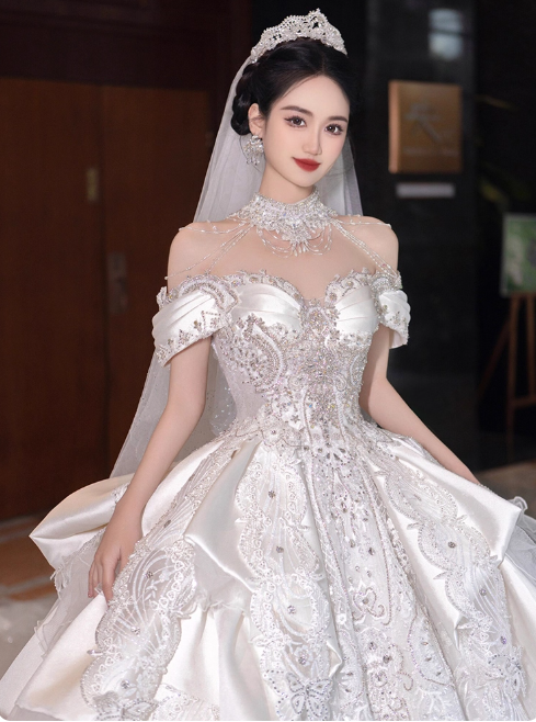 Princess Off-the-shoulder Ball Gown Long Wedding Dresses Lace Applique White Bridal Gowns Short Sleeve Bridal Dresses