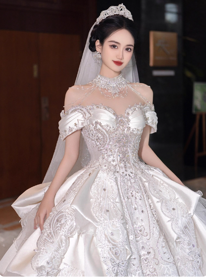 Princess Off-the-shoulder Ball Gown Long Wedding Dresses Lace Applique White Bridal Gowns Short Sleeve Bridal Dresses