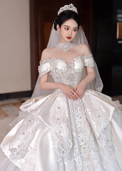 Princess Off-the-shoulder Ball Gown Long Wedding Dresses Lace Applique White Bridal Gowns Short Sleeve Bridal Dresses