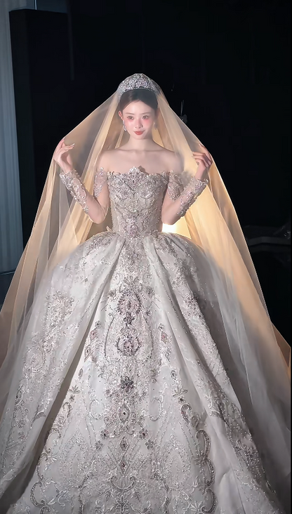 Princess Off-the-shoulder Ball Gown Tulle Long Wedding Dresses Beaded Applique White Bridal Gowns Sleeveless Bridal Dresses