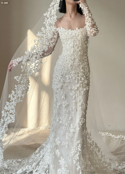 Princess Off-the-shoulder Mermaid Long Wedding Dresses Tulle Applique White Bridal Gowns Long Sleeve Bridal Dresses