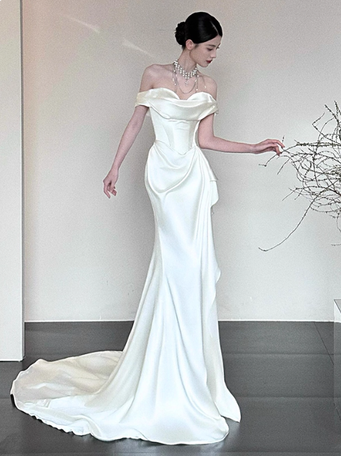 Princess Off-the-shoulder Sheath Long Wedding Dresses Satin White Bridal Gowns Short Sleeve Bridal Dresses