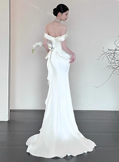 Princess Off-the-shoulder Sheath Long Wedding Dresses Satin White Bridal Gowns Short Sleeve Bridal Dresses