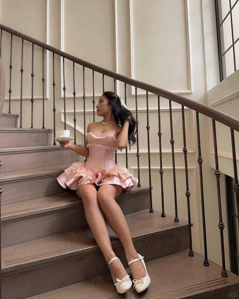 Princess Pink Strapless Sweetheart Neck Satin A-Line 17th Birthday Homecoming Dress