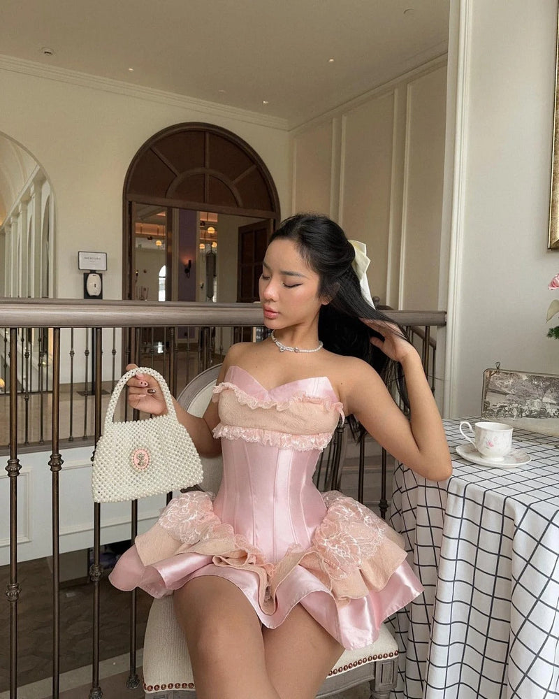 Princess Pink Strapless Sweetheart Neck Satin A-Line 17th Birthday Homecoming Dress