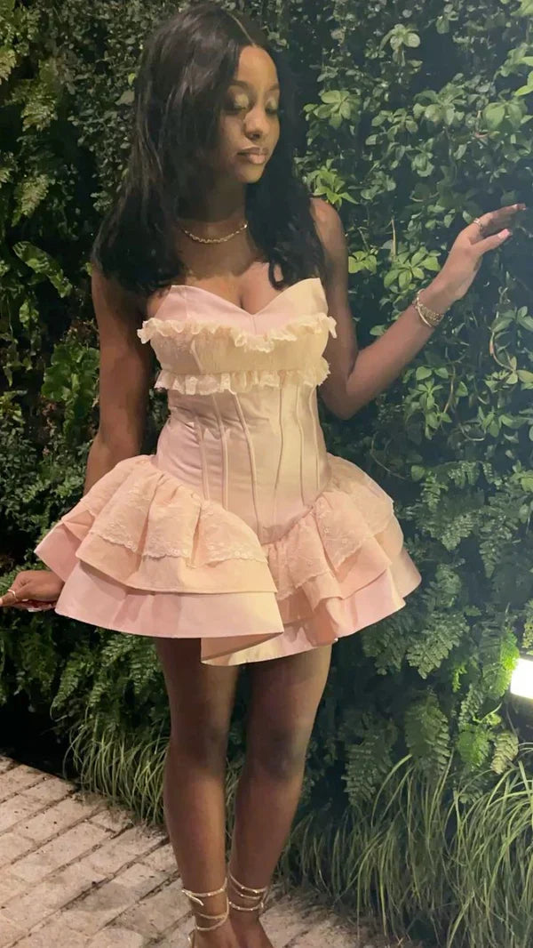 Princess Pink Strapless Sweetheart Neck Satin A-Line 17th Birthday Homecoming Dress