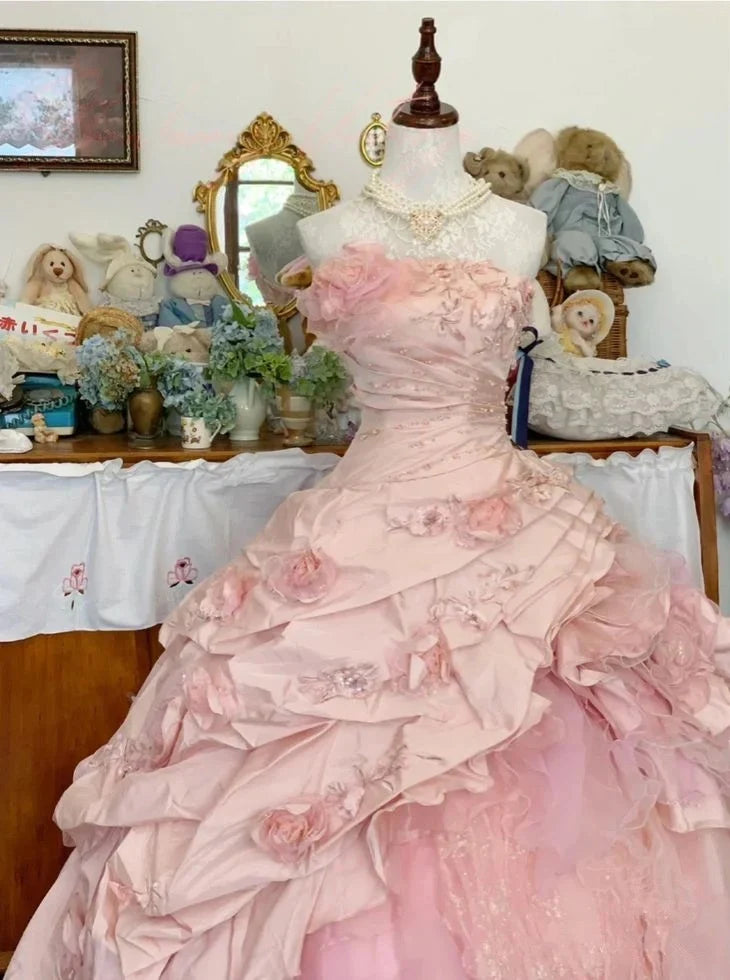 Princess Quinceanera Dress Pink Floral Organza Ball Gown Sweet 16 Dresses,AST2265