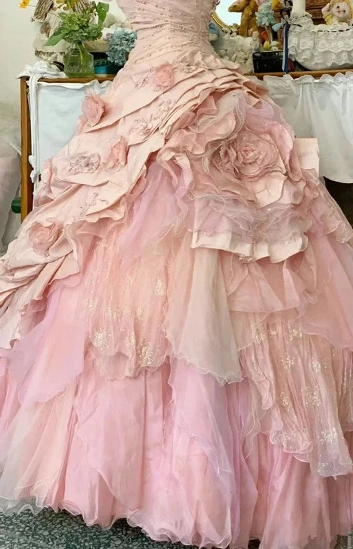 Princess Quinceanera Dress Pink Floral Organza Ball Gown Sweet 16 Dresses,AST2265