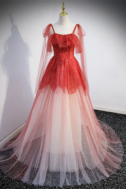 Princess Red Ombre A-line Long Formal Dress with Straps