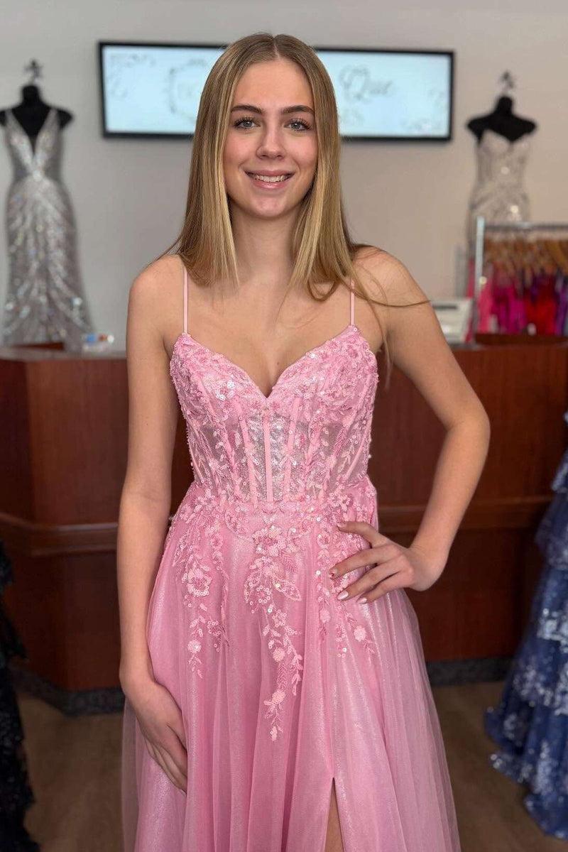 Princess Straps Pink Appliques A-line Long Party Dress