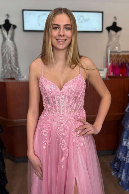 Princess Straps Pink Appliques A-line Long Party Dress