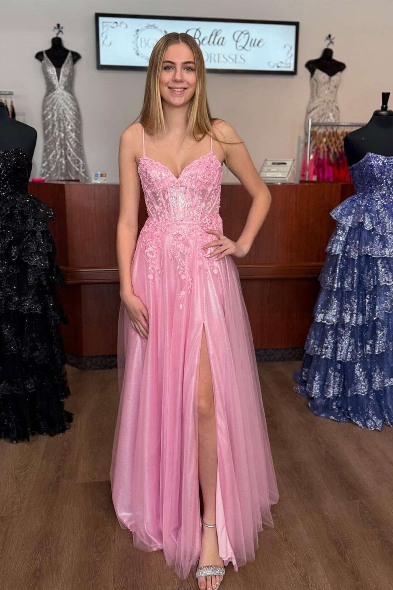 Princess Straps Pink Appliques A-line Long Party Dress