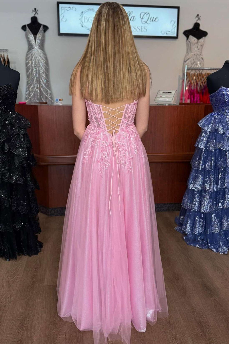 Princess Straps Pink Appliques A-line Long Party Dress