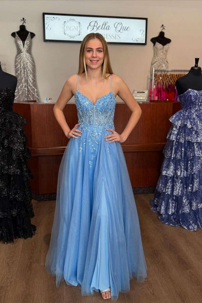 Princess Straps Pink Appliques A-line Long Party Dress
