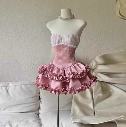 Princess Tube Top Fishbone Waist Ruffled Puffy Birthday Skirt Homecoming Dress