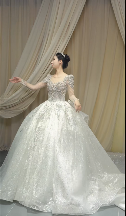 Princess V-neck A-Line Long Wedding Dresses Tulle Rhinestone White Bridal Gowns Long Sleeve Bridal Dresses