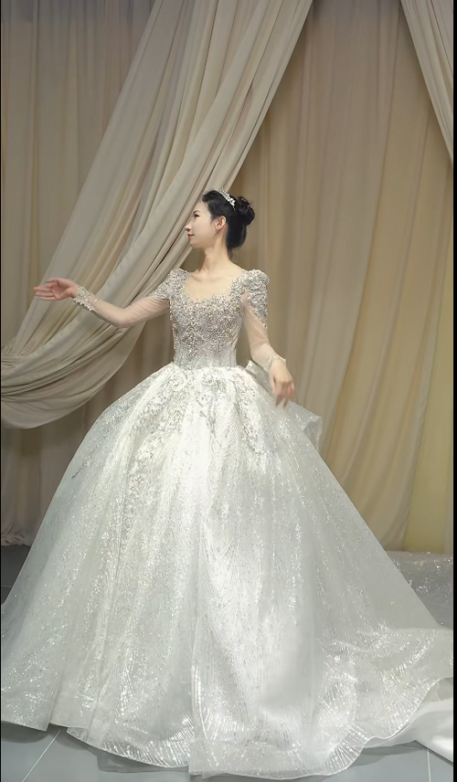 Princess V-neck A-Line Long Wedding Dresses Tulle Rhinestone White Bridal Gowns Long Sleeve Bridal Dresses