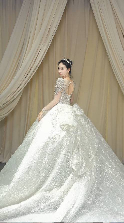 Princess V-neck A-Line Long Wedding Dresses Tulle Rhinestone White Bridal Gowns Long Sleeve Bridal Dresses
