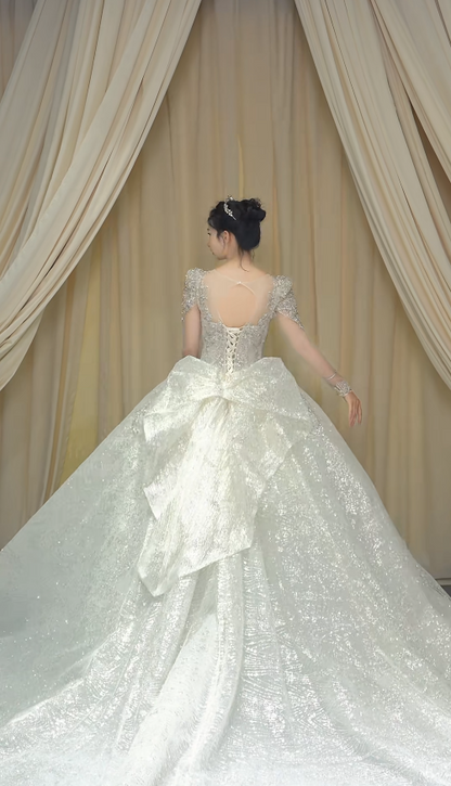 Princess V-neck A-Line Long Wedding Dresses Tulle Rhinestone White Bridal Gowns Long Sleeve Bridal Dresses