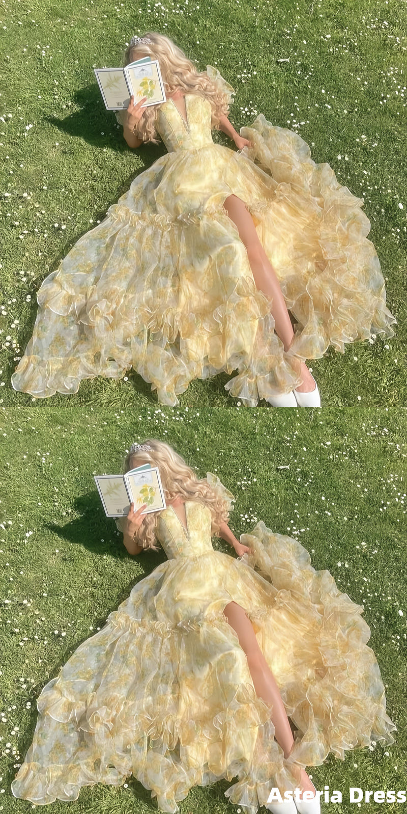 Princess V-Neck Floral Party Dress A-Line Organza Long Evening Formal Dresses