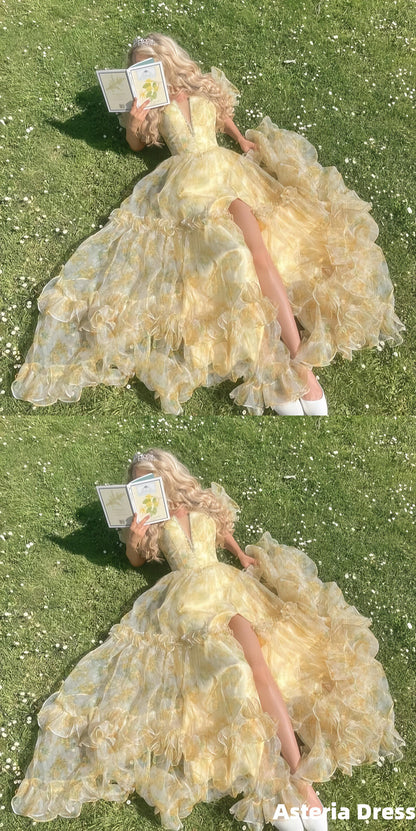Princess V-Neck Floral Party Dress A-Line Organza Long Evening Formal Dresses