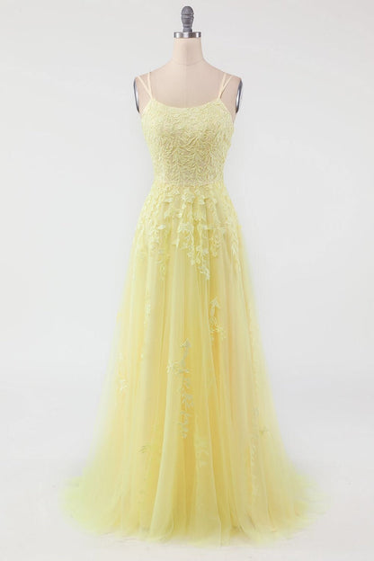 Princess Yellow Appliques A-line Long Prom Dress