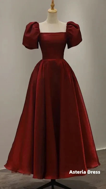 Prom Dresses, Vintage Evening Gown Women Short Sleeve With Square Collar Ankle Length Formal Plain