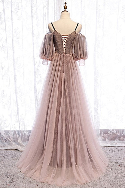 Puffy Sleeves Brown A-line Tulle Long Prom Dress