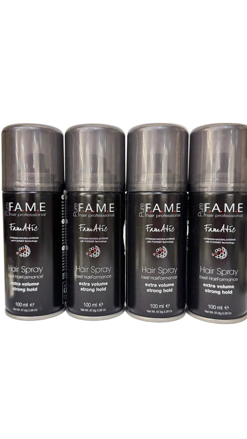 Four bottles of Fame Fanatic hair spray on a white background