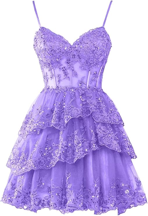 Purple Homecoming Dresses for Teens Tulle Lace Applique Tiered A-line Formal Short Mini Prom Dress