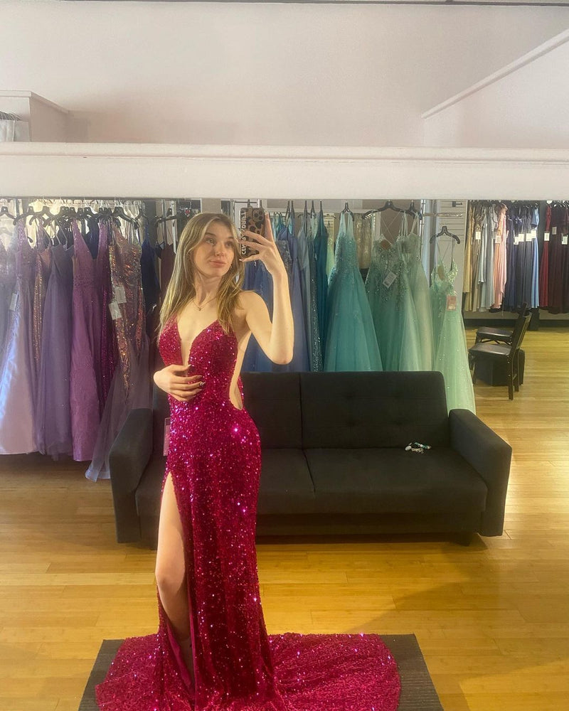 Purple Sequin Straps Mermaid Long Formal Dress
