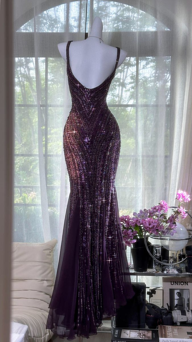 Purple sequined halter-neck fitted sexy ball gown