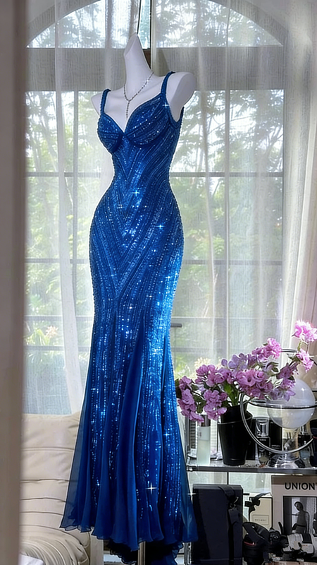 Purple sequined halter-neck fitted sexy ball gown