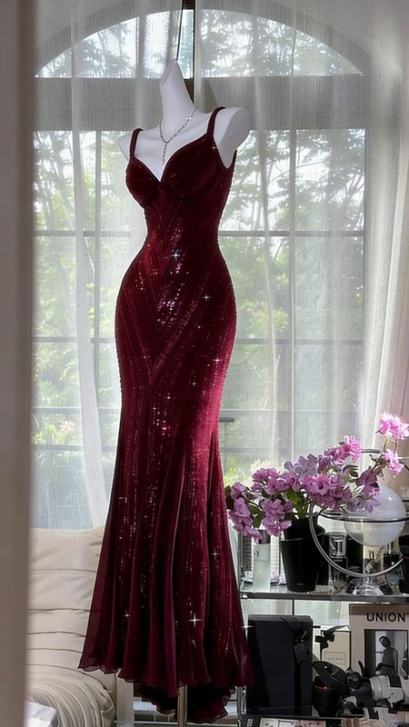 Purple sequined halter-neck fitted sexy ball gown