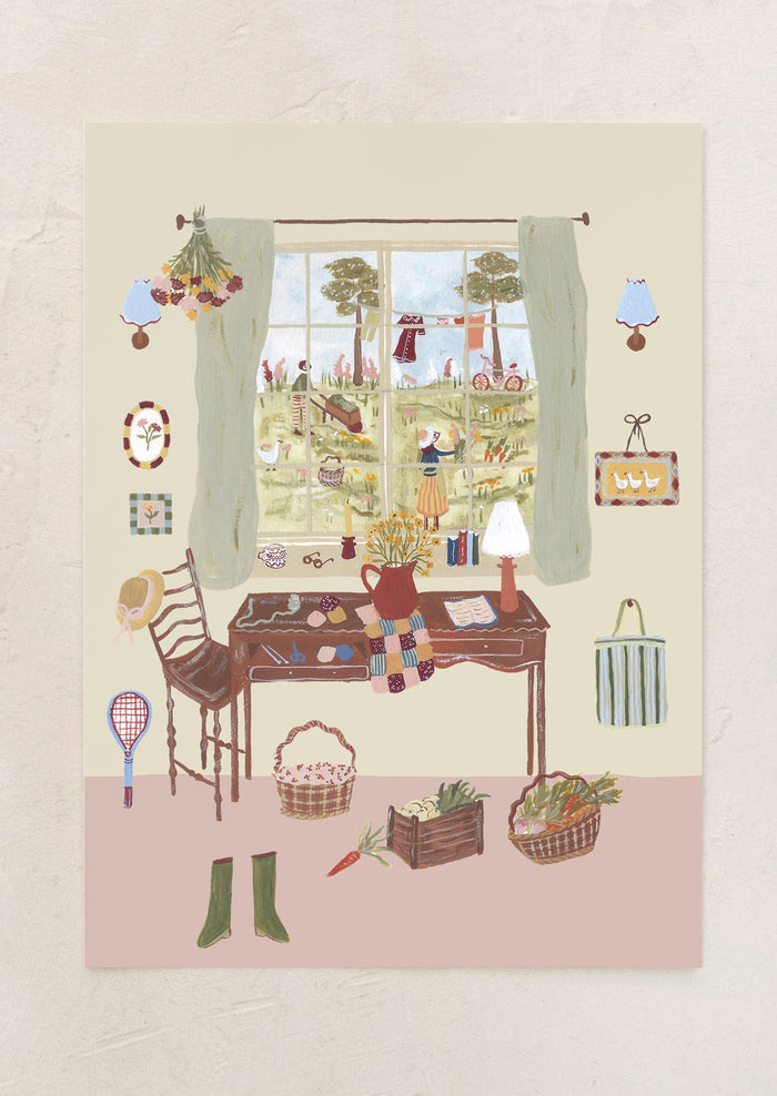 An art print of an illustration of a countryside setting, quilting supplies at a table next to a window.