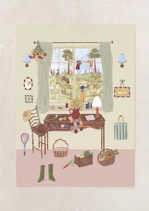 An art print of an illustration of a countryside setting, quilting supplies at a table next to a window.