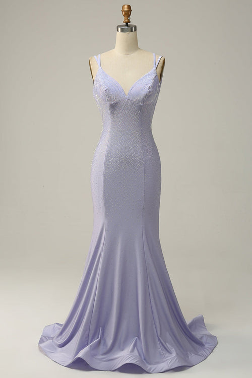 Radiant Purpletti Strap Beaded Mermaid Prom Dress