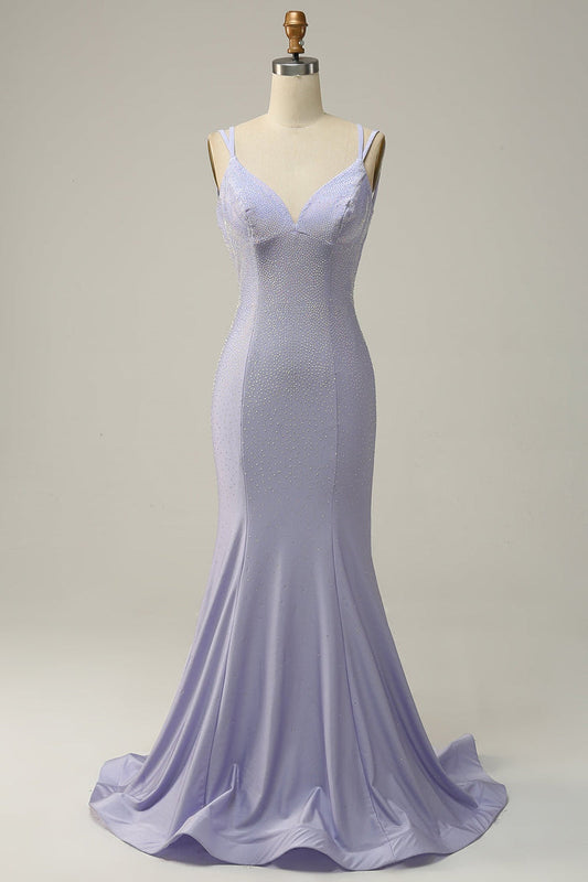 Radiant Purpletti Strap Beaded Mermaid Prom Dress