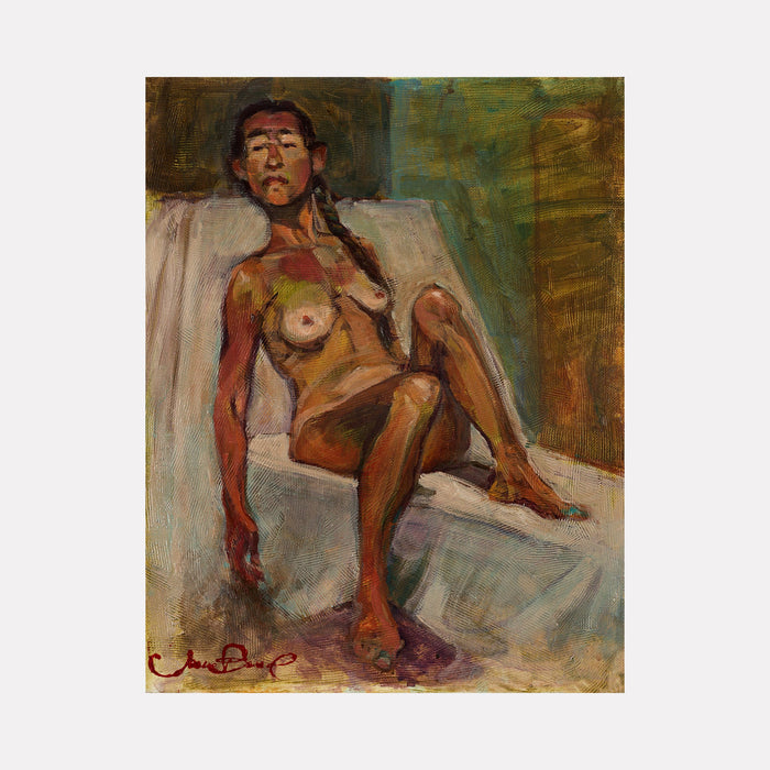 The artwork 'Reclining Mood' by JaeMe Bereal features an expressive figure study rendered in warm earth tones and rich greens. The composition showcases bold brushstrokes and dynamic acrylic technique on canvas, capturing a contemplative pose against a textured background. The painting demonstrates masterful use of light and shadow with impressionistic style. By JaeMe Bereal.