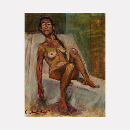 The artwork 'Reclining Mood' by JaeMe Bereal features an expressive figure study rendered in warm earth tones and rich greens. The composition showcases bold brushstrokes and dynamic acrylic technique on canvas, capturing a contemplative pose against a textured background. The painting demonstrates masterful use of light and shadow with impressionistic style. By JaeMe Bereal.