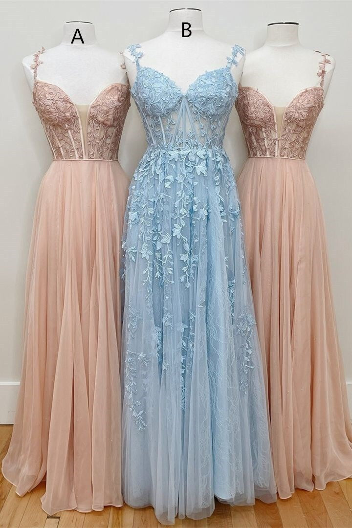 Red A-line Lace Appliques Chiffon Long Prom Dress