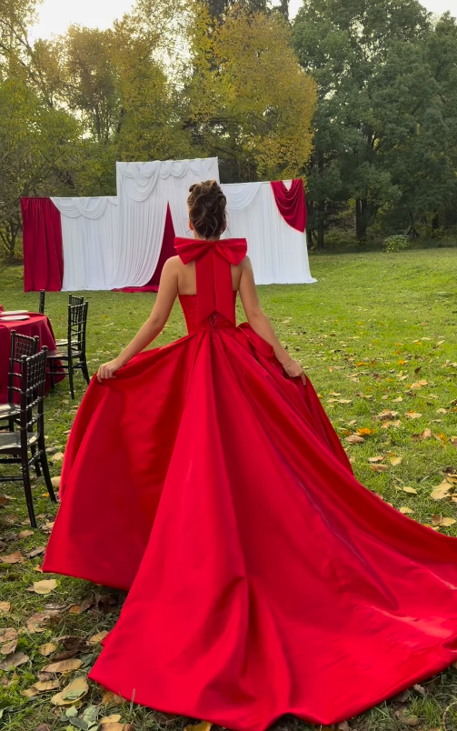 Red Ball Gown Halter Bow Satin Long Sweep Backless Prom Dress Birthday Party Dress