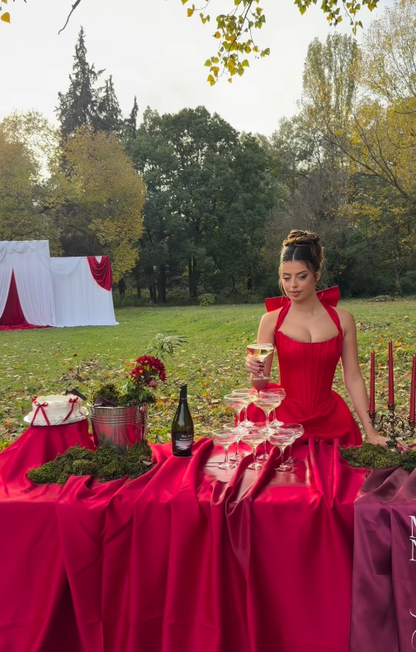 Red Ball Gown Halter Bow Satin Long Sweep Backless Prom Dress Birthday Party Dress