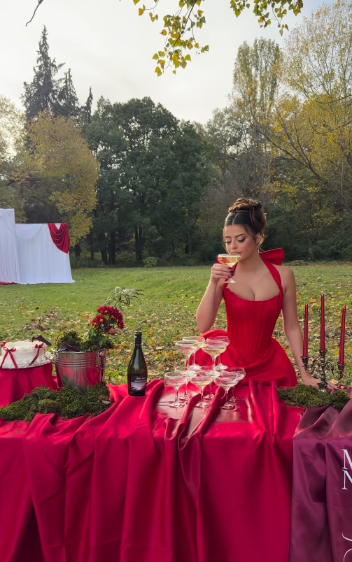 Red Ball Gown Halter Bow Satin Long Sweep Backless Prom Dress Birthday Party Dress