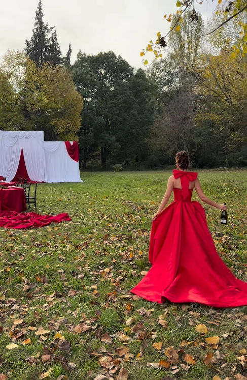 Red Ball Gown Halter Bow Satin Long Sweep Backless Prom Dress Birthday Party Dress