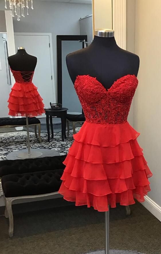Red Lace Short Homecoming Dress with Chiffon Ruffle Skirt
